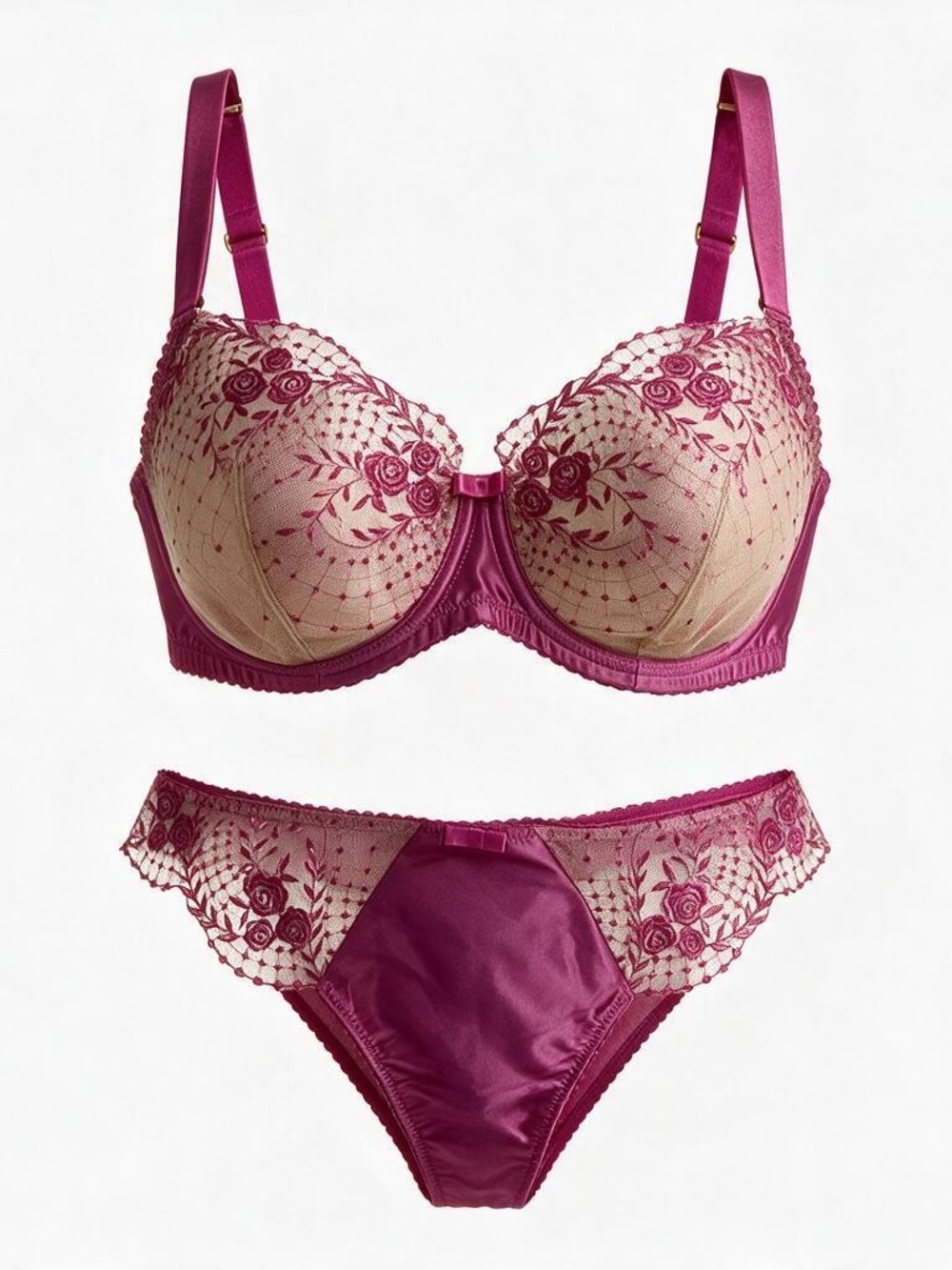 Two-Tone Floral Embroidered Lace Bra & Bikini Set - Fuchsia/Cream